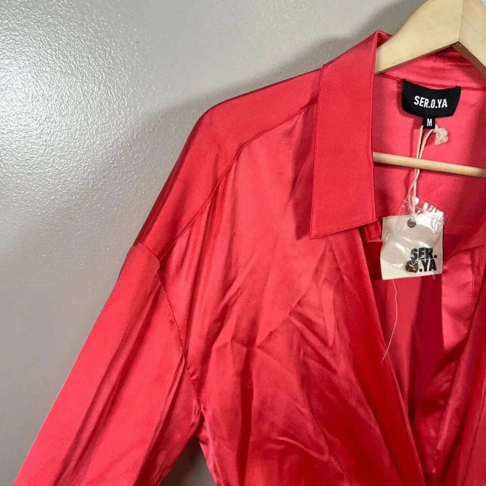 SER.O.YA Demi Silk Dress Size Medium Neon Coral Pink Shirt Dress Wrap Party
